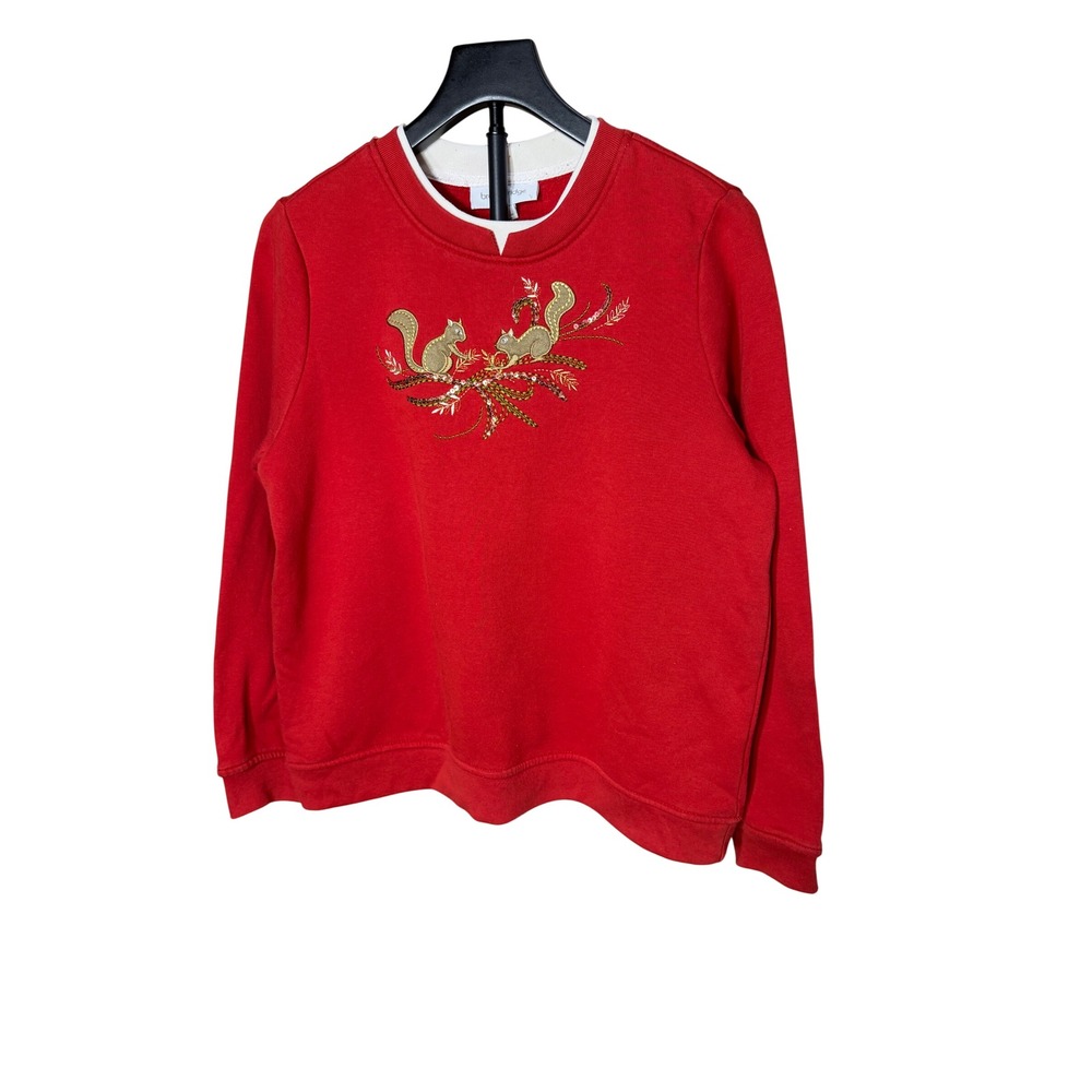 Breckenridge Womens Red Embroidered Squirrel Sweatshirt Crew Neck‎ Size Large